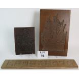 Three decorative 20th Century carved shortbread moulds, 2 carved hardwood and one cast resin.