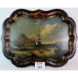 A highly decorative large Regency hand painted and inlaid papier mache tray.