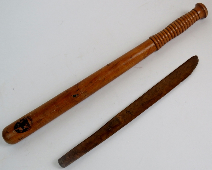A selection of Treen items to include a truncheon marked Bank of England, a pair of butter paddles, - Image 2 of 4