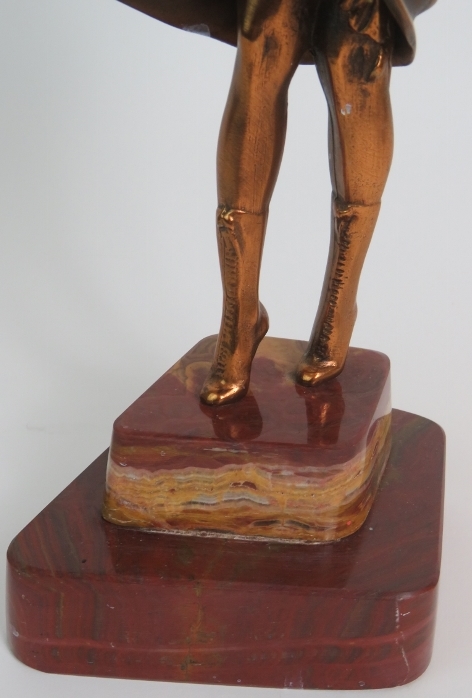 Art Deco style bronzed figure of a windswept lady in the style of Chiparus mounted on a red marble - Image 2 of 5