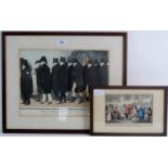 'The Funeral of Tory-Principle', an antique colour print, 22cm x 34cm, framed, and 'The Debut,