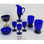 Collection of blue Bristol glass, Georgian and later, including a cream jug, tumblers,