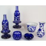 A selection of blue glass objects including a peking glass vase and jardiniere; a flash cut bowl,
