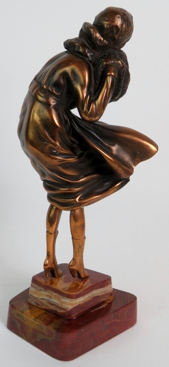 Art Deco style bronzed figure of a windswept lady in the style of Chiparus mounted on a red marble - Image 4 of 5