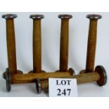 Six vintage wooden loom bobbins with metal rims, length 25cm. Condition report: Age related wear.
