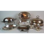 A set of Art Deco Roberts & Belk silver plated sauce boats, a Mappin & Webb roll top serving dish,