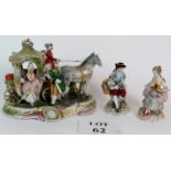 A German porcelain horse and carriage group of Georgian style and a similar pair of figures.