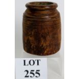 An antique treen oak turned and hand carved tallow pot or similar.