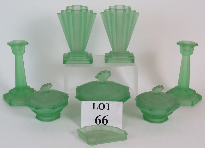 Art Deco opaque green glass eight piece