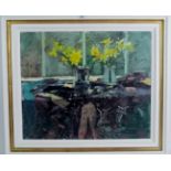 Ken Howard, RA, (b1932) - 'Still life interior scene with yellow flowers, oil on canvas, signed,