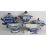 Five various 19th Century blue and white serving tureens including Masons Ironstone and Jones & Son