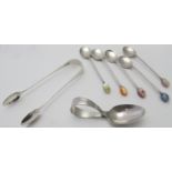 A set of five silver coffee spoons with different coloured terminals, Sheffield 1933,
