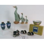 A set of 3 Chinese Celadon vintage ducks, a pair of Cloisonne vases,
