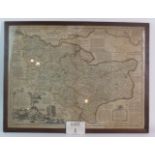 A framed map of Kent by Emanuel Bowen dated 1751. Size 77cm x 59cm.