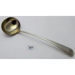 A heavy silver soup ladle, Sheffield 1910, James Dixon, approx weigh 275 grams/8.8 troy ounces.