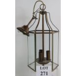 A modern hexagonal brushed brass effect hall lantern, height: 46cm. Condition report: No issues.