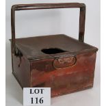 An antique copper portable toilet commode, possibly naval, with hinged lid.