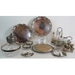 A quantity of mainly 19th Century good quality silver plate including a 6 bottle cruet, two salvers,
