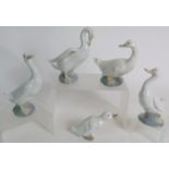 A collection of 5 NAO by Lladro white geese figurines, tallest 15cm. All in original boxes.