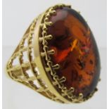 Large fine quality natural Baltic amber ring, 25mm x 18mm approx, 15cts, 14k gold 925.