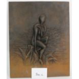 A French cast iron fire back decorative panel depicting a stylised nude figure in an lake side