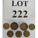 A boxed set of five gilt brass Georgian whist or gaming tokens by Edward Thomason,