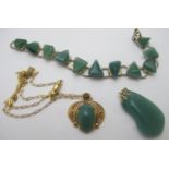 A white metal and chrysoprase stone bracelet, comprising 11 stones, a matching pendant,
