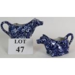 A pair of blue + white Burleigh Staffordshire calico cow creamers. Condition report: No issues.