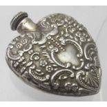 A 925 marked heavily embossed heart shaped scent bottle, with screw top, good condition.
