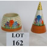 A Clarice Cliff 'Bizarre' crocus design sugar shaker and a similar crocus honey pot without lid.