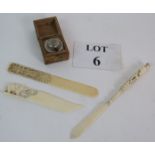 Three Early 20th Century carved antique Ivory letter openers, one with hidden quill pen,