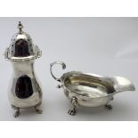 A baluster shaped silver sifter on paw feet, Birmingham 1911, approx 176 grams/5.