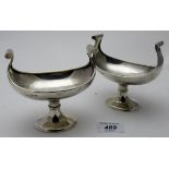 A pair of boat shaped pedestal bon bon dishes with scroll type handles, Birmingham 1913,