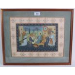 Mughal School (20th century) - 'Figurative interior scene', gouache on fabric, 20cm x 27cm, framed.