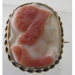 An oval quartz two tone cameo brooch depicting classical maiden with serpent,