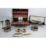 A wooden canteen of silver plated Walker and Hall fish eaters, a cased set of fish servers,