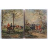 British School - 'Hunting scenes', a pair, oils on board, indistinctly signed, 24 cm x 18 cm,