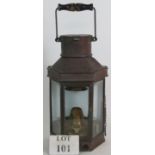 A Bulpitt and Sons WW1 copper bulkhead oil lamp, dated 1917 with original burner, 40cm tall.