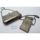 A silver engraved card case on a silver link chain, Birmingham 1912,