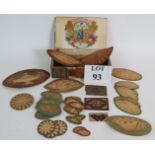 An interesting selection of 19th Century marquetry inlay panels and three unused Tunbridge ware