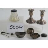 An assortment of mainly silver items to include, two small silver salts,