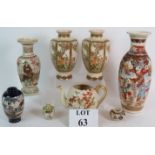 A collection of mainly Satsuma Japanese decorative pottery including a pair of hexagonal vases.