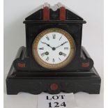 A late 19th Century slate striking mantel clock with red marble decoration.