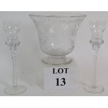 A good quality Edwardian cut glass bell shaped bowl and a pair of wrythen stemmed crystal glass