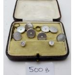 A boxed set of 18ct gold and mother of pearl studs and cuff links, total approx weight 15.4 grams.