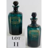 A pair of Georgian Bristol blue/green square decanters.