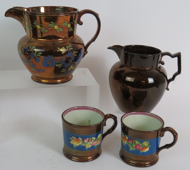 Four Victorian copper lustre ware jugs and four similar mugs, tallest is 15cm. - Image 3 of 5