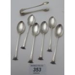 A set of six silver coffee spoons and matching sugar tongs, Sheffield 1913,