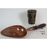 A large antique copper grain scoop with turned hardwood handle, 44cm long,