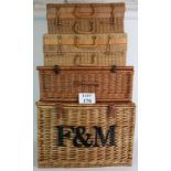 A large Fortnum and Mason wicker hamper, ideal for toys, 59cm x 30cm x 40cm.